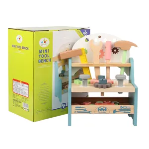 Wooden toy tool bench for kids pretend play construction set with nuts screws and tools.