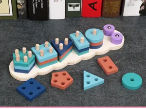 Wooden geometric shape sorting stacking toy, colorful educational Montessori toy for toddler cognitive skills.