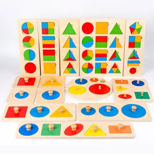 Wooden Montessori geometric shape fraction puzzles and peg boards, early education wooden toys.