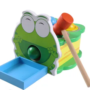 Wooden frog pounding toy for children with hammer and colorful balls for learning