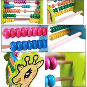 Wooden educational abacus toy for kids math learning, colorful beads with cute animal side.