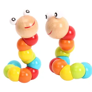 Wooden twisty caterpillar toy detailed view, colorful bendable wooden segments for early learning.