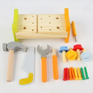 Wooden toy tool bench set for kids, assembly construction building toys with tools, hammer, screws.