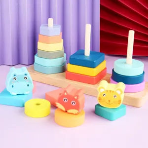 Jouet d'eveil en bois trieur de formes animaux blocs a empiler pour bebe et enfants.