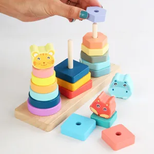 Jouet d'empilage en bois pour tout-petits, blocs géométriques colorés avec animaux mignons.