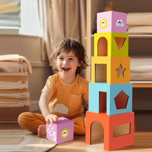 Kids wooden nesting stacking blocks toddler early educational tower toy play set main view