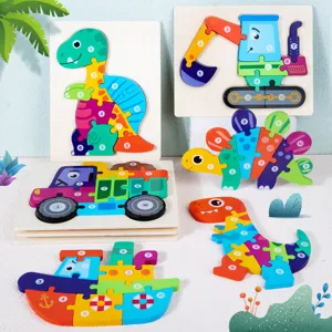 Set de rompecabezas 3D de madera para niños con dinosaurios y vehículos números educativos.
