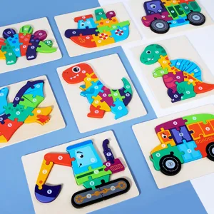 Set de juguetes de puzzle 3D de madera para niños con dinosaurios y vehículos coloridos.