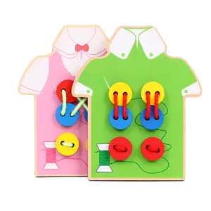 Montessori wooden dressing buttons threading board toy for kids early educational skills