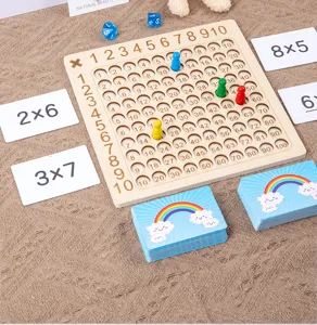 Wooden multiplication board game for kids, educational math toy, tabletop learning tool detail.
