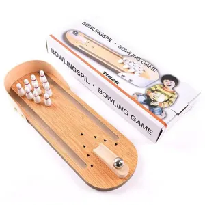 Wooden kids desktop bowling game toy set with mini pins and metal ball for indoor family fun.