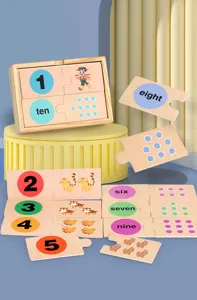 Wooden early education puzzle toy featuring numbers, English words and cute animal illustrations for kids.