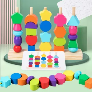 Wooden Geometric Shape Sorting Column Montessori Early Education Sensory Training Beading Toys Wooden Educational Toy
