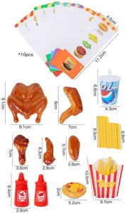 Wooden children pretend play fast food kitchen toy set detail view with size measurements.