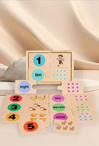 Kids educational wooden number animal puzzle toy with English words for early learning.