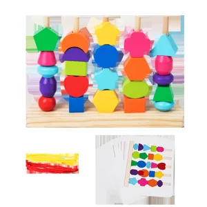 Wooden geometric shape sorting and stacking toy with matching cards and threading strings.