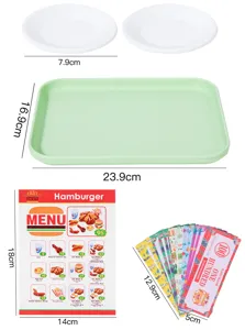 Details of children pretend play kitchen toy set with plates, green tray, menu and paper money.