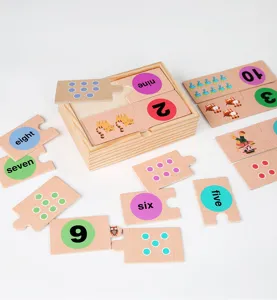 Wooden educational puzzle toy for kids with numbers, English words, and cute cartoon animals.