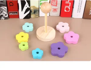 Jouet empilable en bois, forme de fleur macaron jouet éducatif, anneaux colorés enfants.