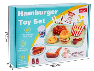 Wooden hamburger fast food toy set for kids kitchen pretend play with kitchen food models.