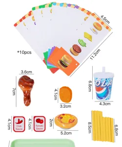 Detailed dimension view of wooden play food toy set, showing sizes and various fast food parts.