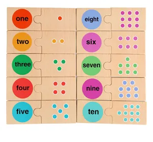 Wooden numbers puzzle toy detail, showing wooden pieces with English words and dots count.