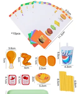 Wooden fast food kitchen pretend play toy set with burger cards chicken nuggets and fries.