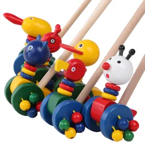 Wooden push along walking toy for toddlers with cute cartoon animal designs and bright colors.