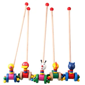 Wooden toddler push toy with cute cartoon animal designs, perfect for early walking and motor skills.