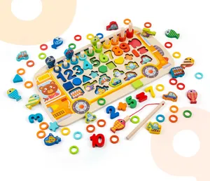 Montessori wooden educational toy toddler number shape matching fishing game set bus