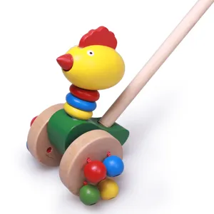 Wooden baby walker push toy with cute cartoon animal design, safe colorful toddler toy.