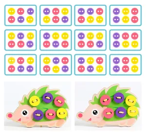 Kids wooden hedgehog lacing toy detail view with colorful button cards for early learning education.