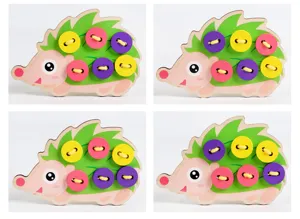 Kids wooden hedgehog lacing toy early educational hand-eye coordination game with colorful buttons