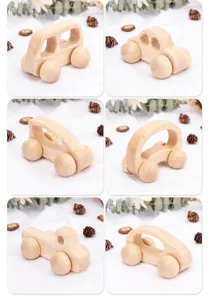 Wooden toy car close-up details, natural wood infant grasping push vehicle design.