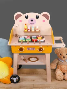 Kids wooden BBQ grill pretend play toy set with cute bear design, mini skewers and cart.