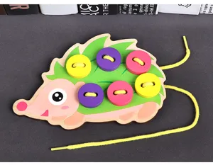 Wooden Hedgehog Lacing Toy Montessori Early Educational Kids Fine Motor Skills Training Game