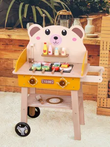 Children wooden barbecue grill cart toy with cute bear design, grill food, and movable wheels.