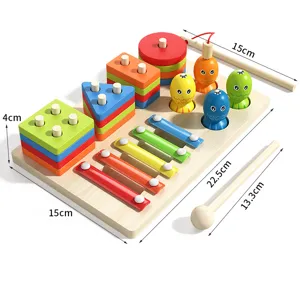 Giocattolo educativo in legno Montessori 3 in 1 incastri pesci e xilofono per bambini piccoli.
