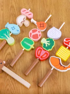 Wooden pretend play barbecue grill toy skewers set detail view featuring colorful food shapes.