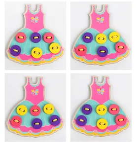 Children wooden button threading early education puzzle toy, colorful dress shape hand-eye training.