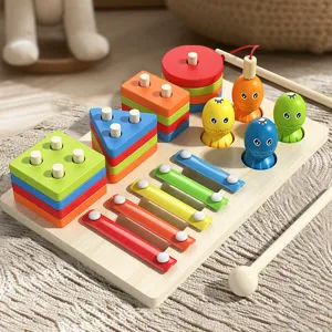 Giocattolo educativo Montessori in legno smistamento forme pesca xilofono per bambini piccoli 3in1