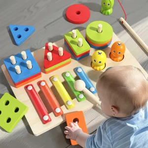 Wooden Montessori early education toy, shape sorter, xylophone and fishing game for kids.