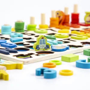 Montessori wooden educational toy set with numbers, letters, and puzzle blocks for kids.