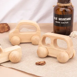 Natural wooden toy car set for infants, safe educational grip training push car, plain wood style.