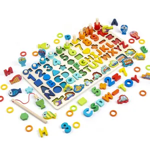 Wooden Montessori educational toy set with number letter matching fishing board for kids.