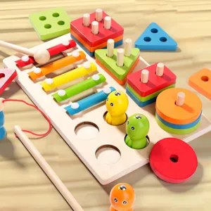 Wooden Montessori early education toy set with xylophone shape sorting and magnetic fishing.