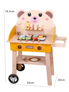 Kids wooden BBQ grill toy pretend play kitchen cart with bear design and cute food accessories.