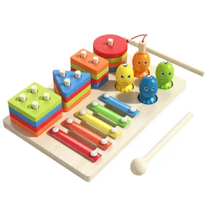 Montessori wooden 3-in-1 shape sorting, fishing and xylophone toy for toddlers aged 1-3.