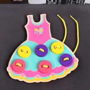 Wooden lacing dress toy for kids, early education hand-eye coordination game with colorful buttons.