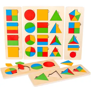 Wooden Montessori geometric shape puzzle board, early education fraction learning toy for kids.